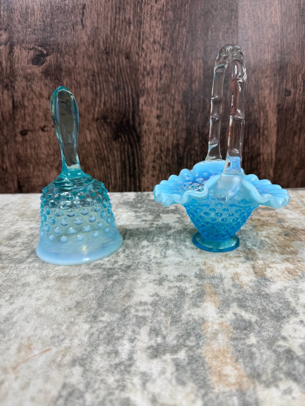 Vintage Fenton Blue Opalescent Hobnail Glass Bell & Basket Set Ruffled Rim